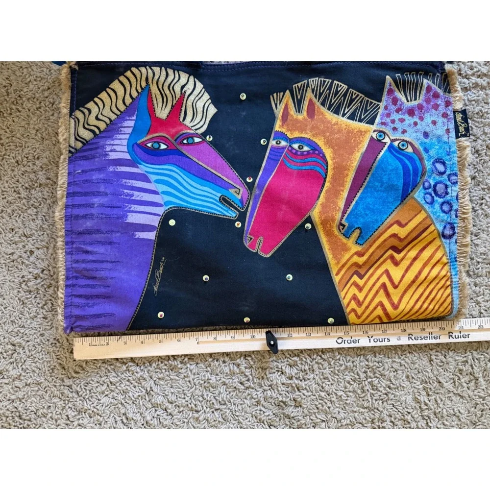 NWT Lauren Birch Shoulder‎ Tote Bag L Black Canvas Horses Going Out Art To Wear